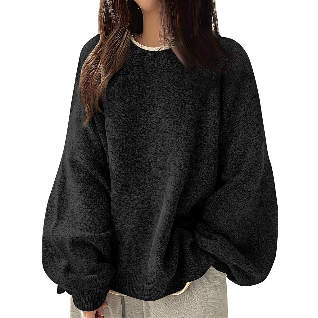 Women's Fashion Casual Loose Pullover Solid Color Round Neck Long Sleeve Knit Sweater