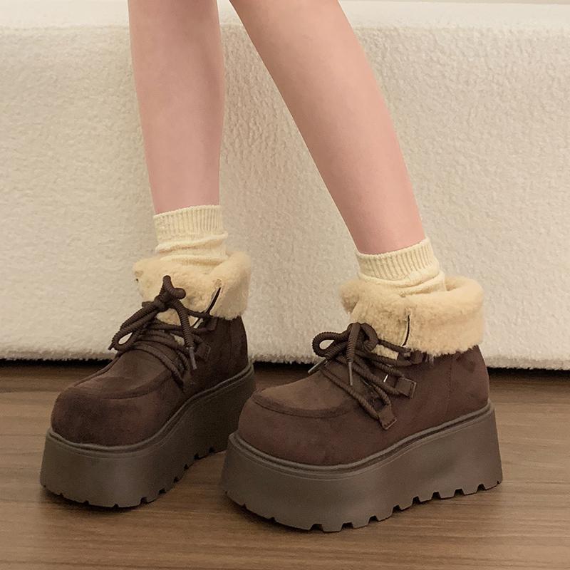 Winter Chunky Platform Heel Women Fur Snow Boots Outdoor Comfort Height Increase Warm Cotton Short Booties Shoes Zapatos Mujer
