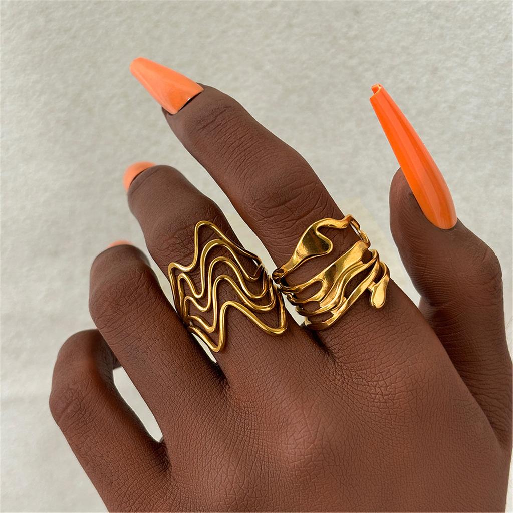 2PCS Unique Rings Fashion Rings Set Irregular Lava Shape Opening Rings Stainless Steel Texture Present for Men and Women