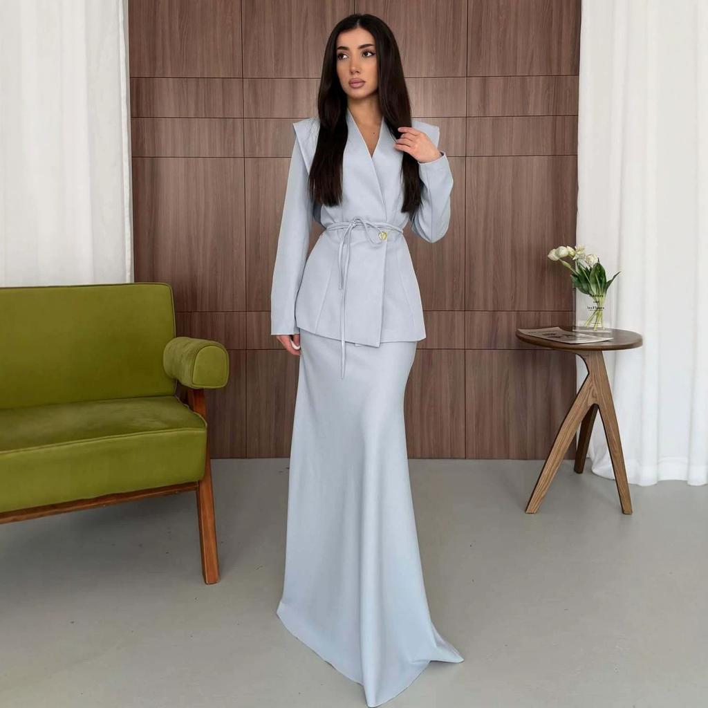 Spring and Autumn New European, American Amazon Cross-border V-neck Long Sleeve Suit Top Fishtail Skirt Set