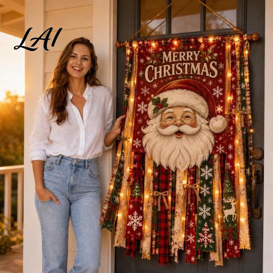 Santa Claus Elk Snowman Gingerbread Man Banner Christmas Hanging Cloth Decoration with LED Light for Home Door Wall And Window Holiday Indoor Outdoor