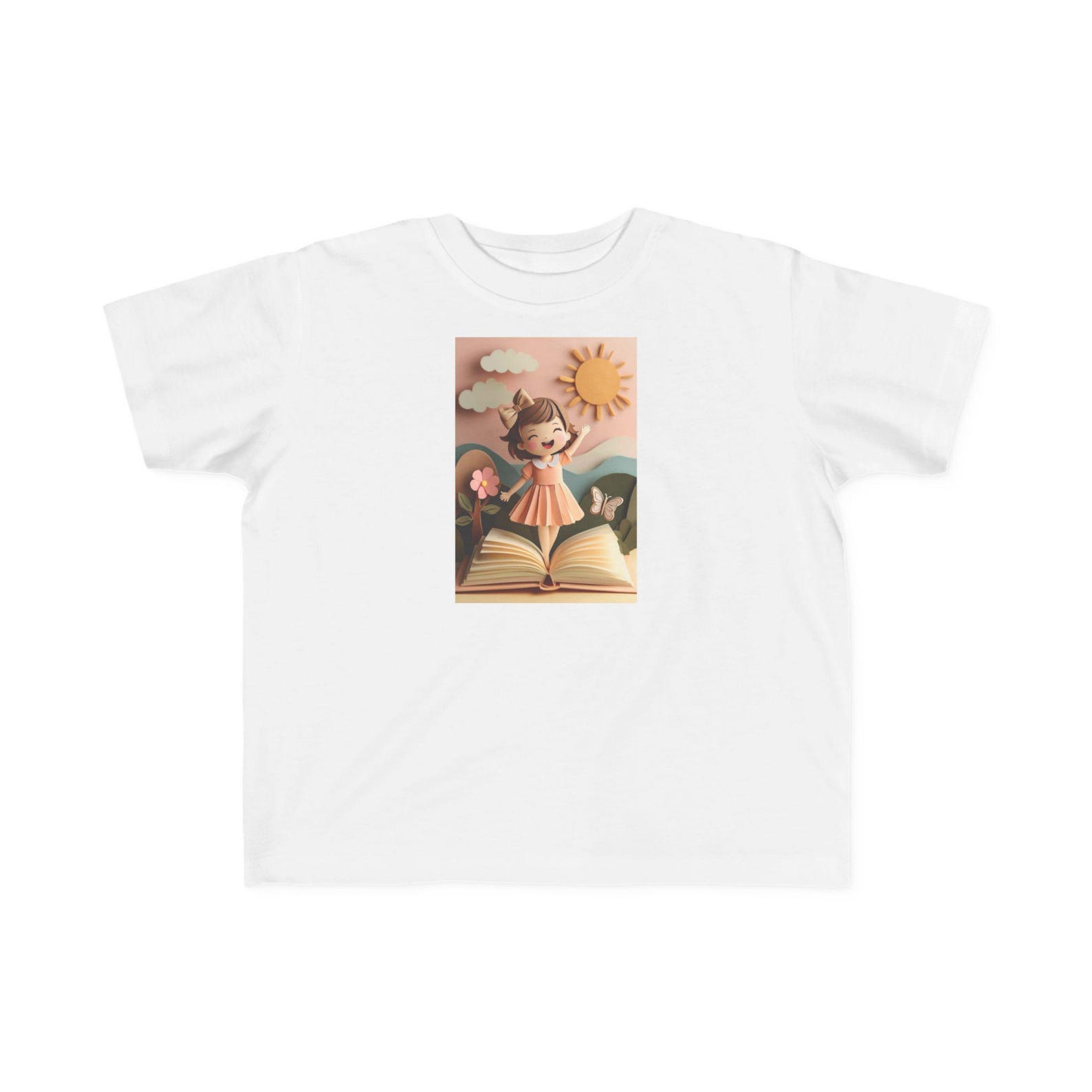 Little Girl Reading Storybook Toddler Tee | Sunshine, Flowers, Open Book 100