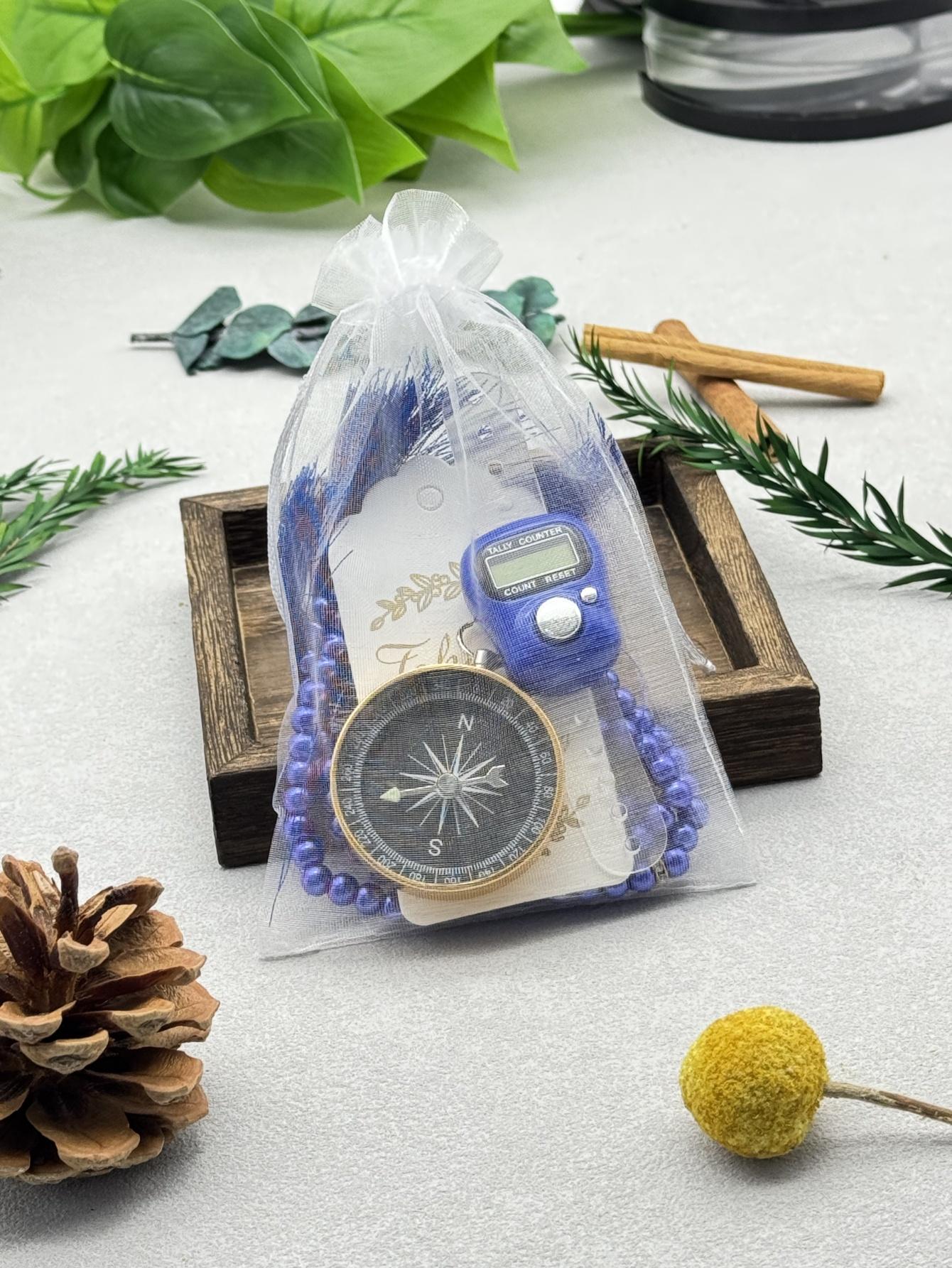 

5-In-1 Holiday Gift Set: Faux Pearl Beaded Finger Ring Counter with Compass & Card - Ideal Party Souvenirs синий