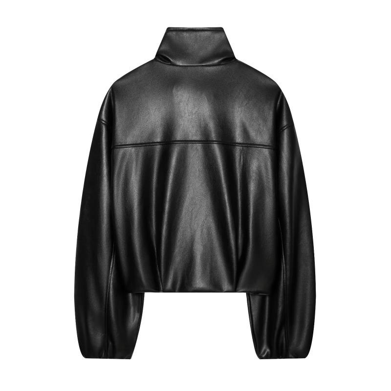 Women S Black Faux Leather Zip Up Stand Collar Long Sleeve Casual Coat