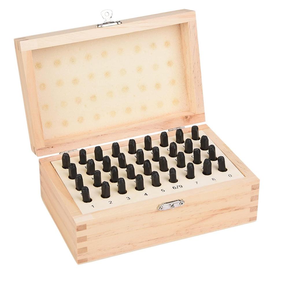 Stamping Alphabet and Numbers Handmade DIY Number Craft Includes Wooden Storage Portable 36-Piece Set, A-Z 0-9, Punch, Supplies, Box, (4mm)