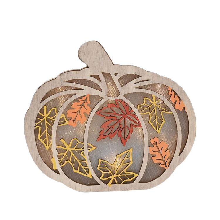 

Autumn Wooden Pumpkin Leaf Cutouts Sign Decoration With LED Lighting Multipurpose Home Accent For Fireplaces Shelf