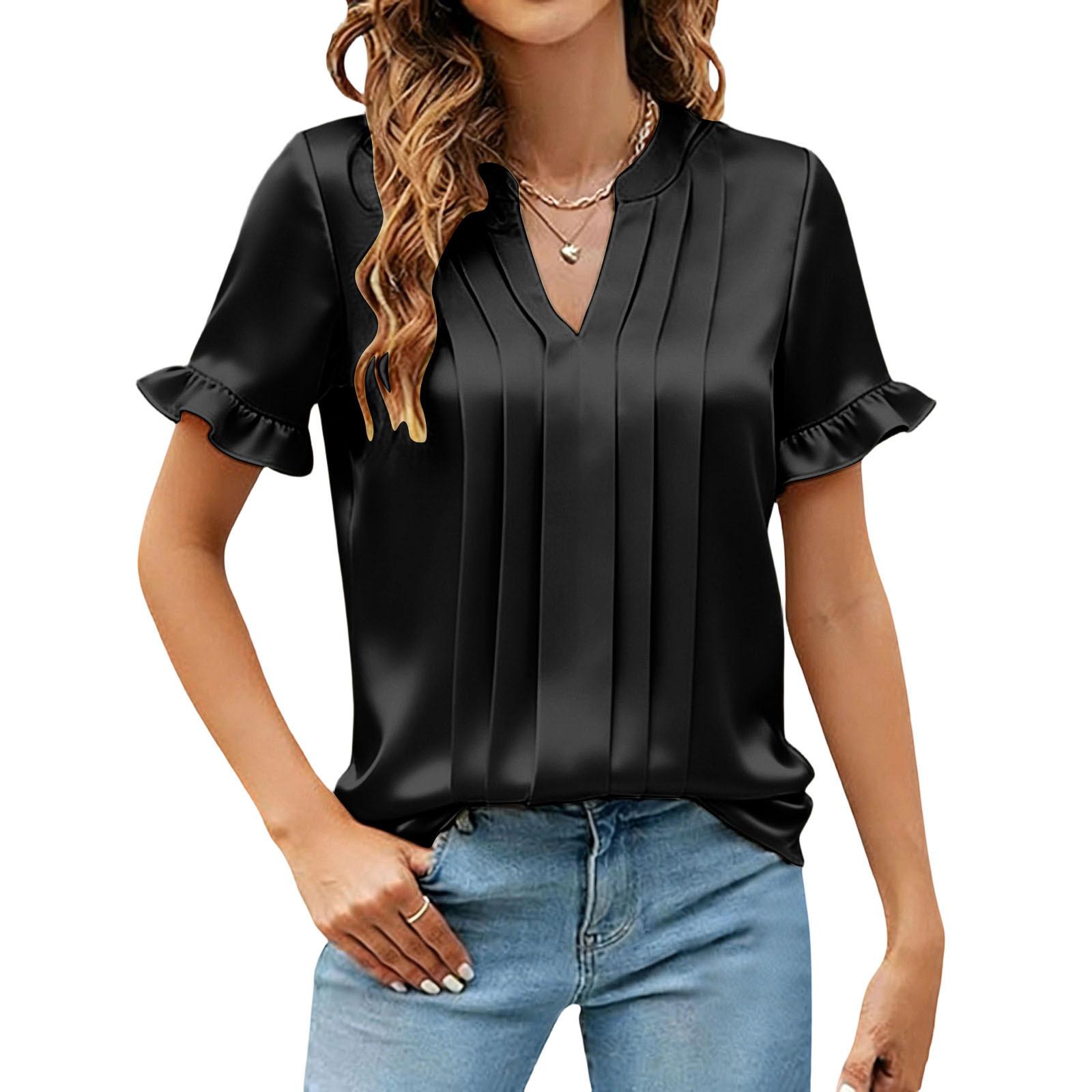 Women s Fashionable Casual Satin V-Neck Pleated Short-Sleeve Loose-Fit T-Shirt S чёрный
