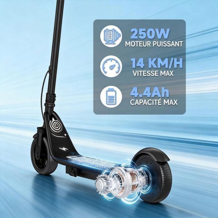 Monopattino Elettrico per Bambini - Motore 250W - Batteria 4.4Ah - Ruota 6.5“ - Autonomia 16km- Velocità Max 14km/h - Nero