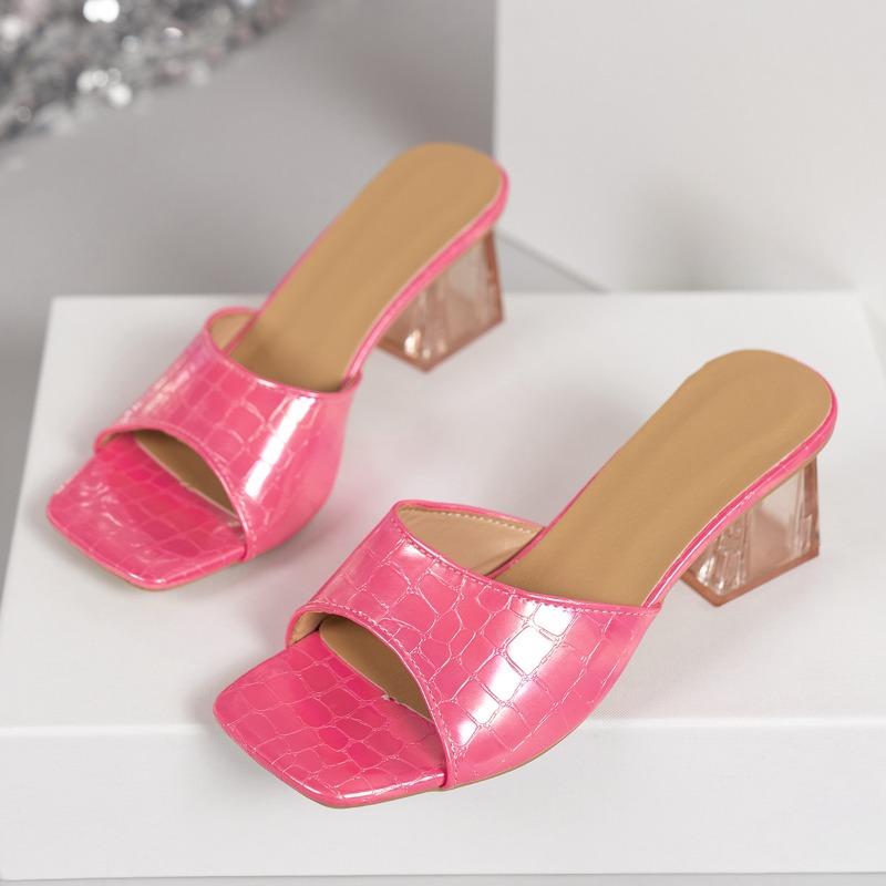 

Temperament slippers open-toed summer heel large size crystal square head medium heel slippers women 42 розовый