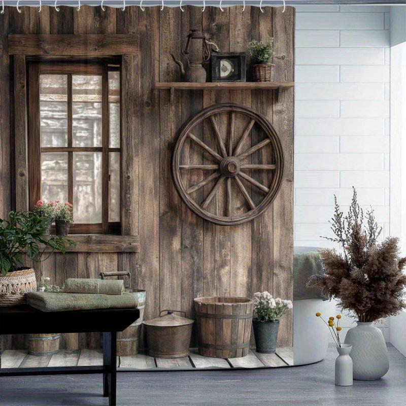 Rustic Wooden Barn Shower Curtain Vintage Window Wheel Bucket Decor Farmhouse Bathroom Art 3D Printed Waterproof Bath Curtain