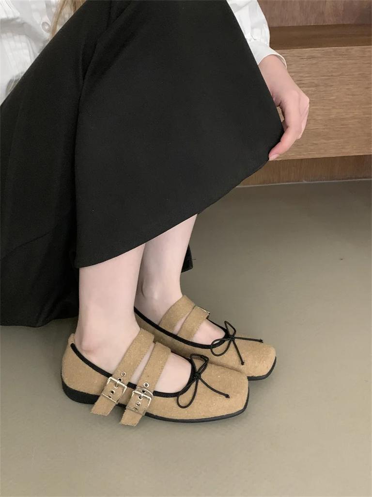 Fashion IPPEUM Velvet Mary Janes Shoes Women Ballet Flats Square Toe Rose Red Buckle Ballerinas Zapatos Mujer