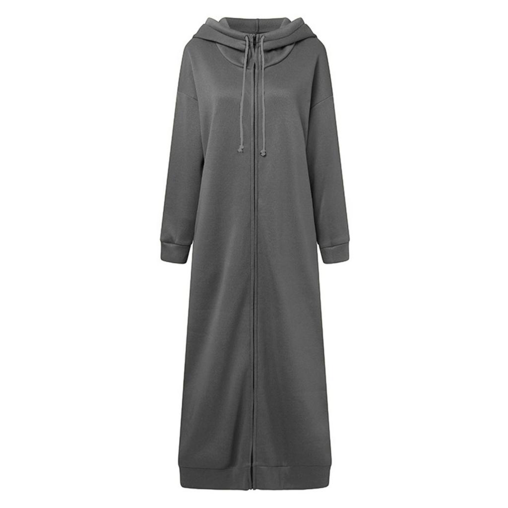Damen Plus Size Einfarbige Kapuzen-Reißverschluss-Langarm-Sweatshirt-Kleid mit Fleecefutter Lässige Langarm-Sportjacke