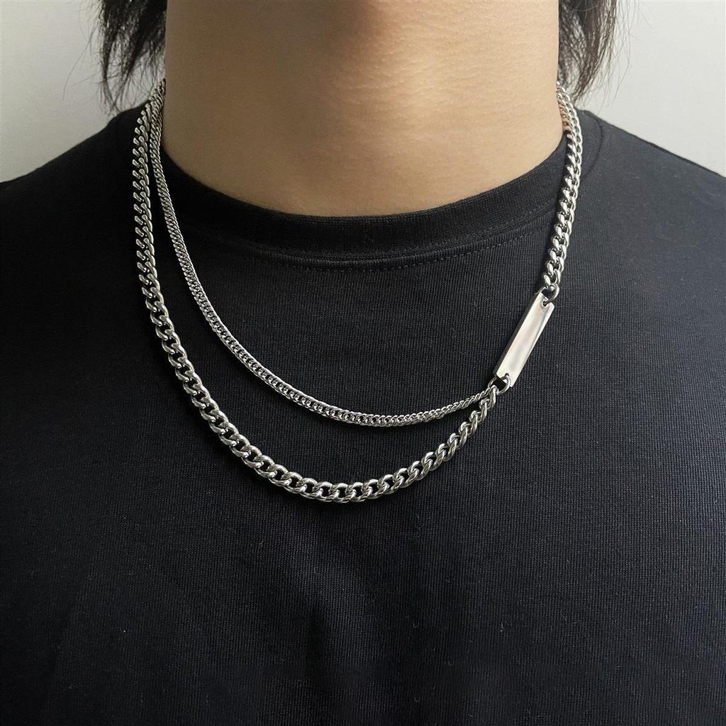 Trendy Korean Style Hip Hop Titanium Steel Double Layer Uneven Necklace for Men and Women