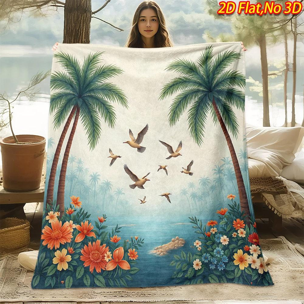1pc 2D Flat Printing Spring And Summer New Arrival Coconut Tree Birds Flowers Theme Digital Print Blanket, All-Season Use, Casual Throw, 100% Polyeste