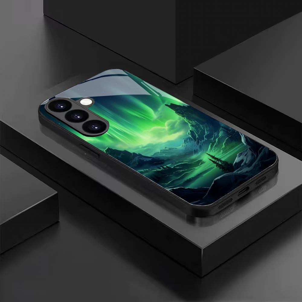 Green Aurora Tempered Glass Phone Case Suitable for Samsung Galaxy S26 S25 S24 S23 S22 S20 FE/Ultra/Plus Anti Drop Back Cover