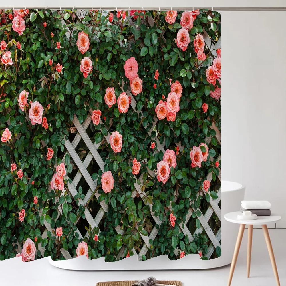 3D Wodoodporna Tkanina Poliestrowa Zasłona Prysznicowa Patio Ściana Kwiatowa Krajobraz Zasłony Łazienkowe z Haczykami Dekor Wanny Ekran