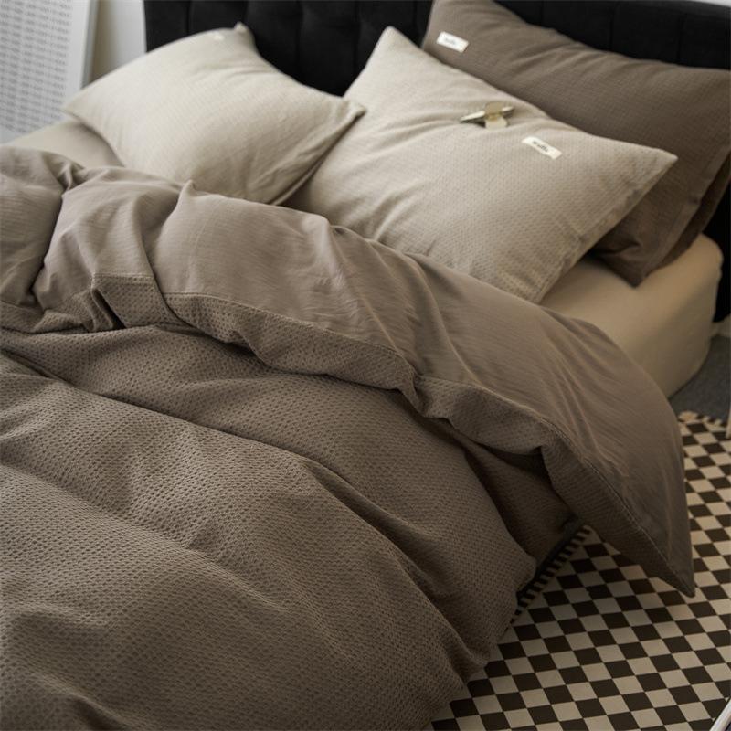 Class A, Maternal And Infant Grade Cotton Double-Layer Yarn 4Pcs Set, Pure Cotton Dormitory 3Pcs Set, Solid Color Bed Sheet Waffle Single Quilt Cover