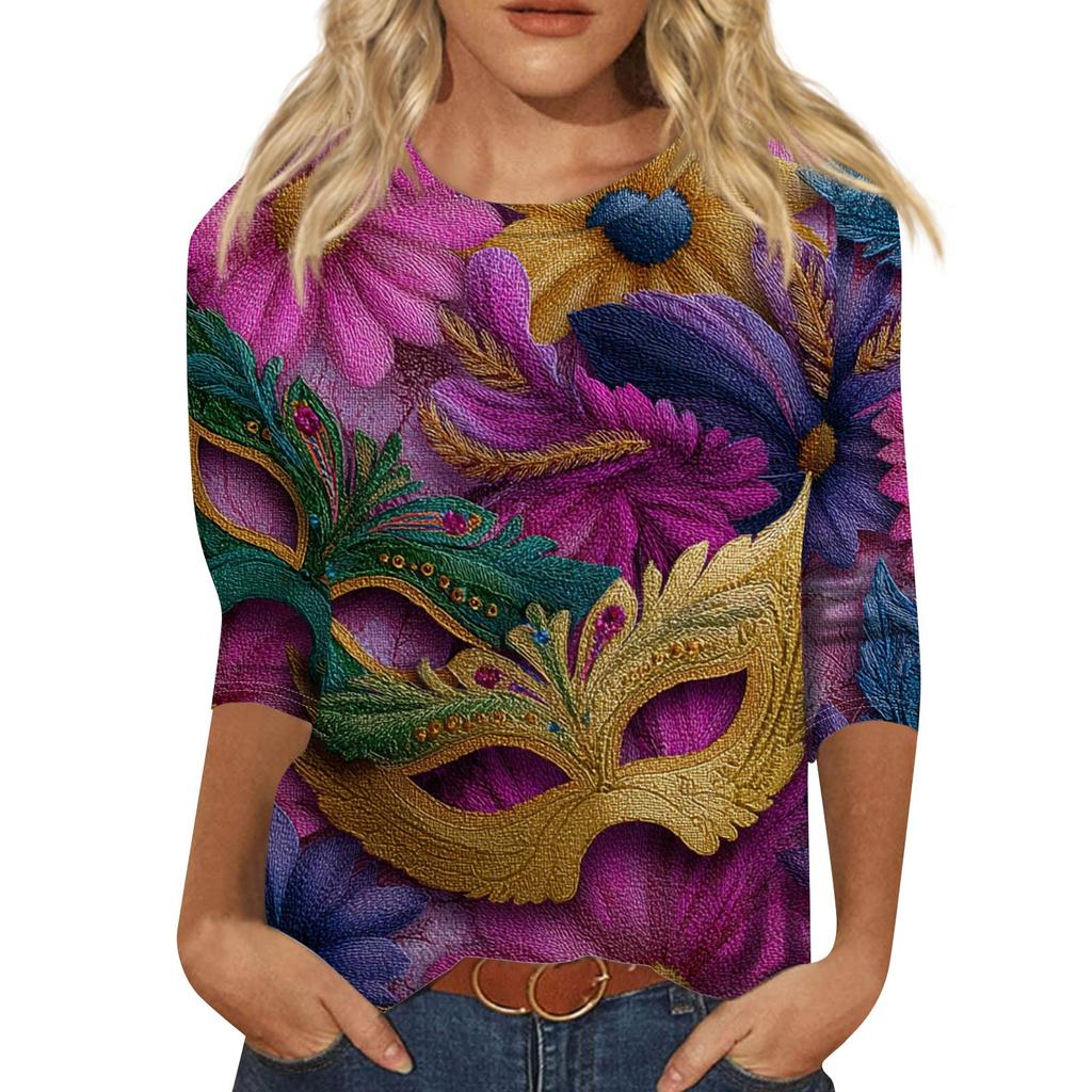 Women's Fashionable Casual Three-Quarter Sleeve Carnival Print  Neck Top