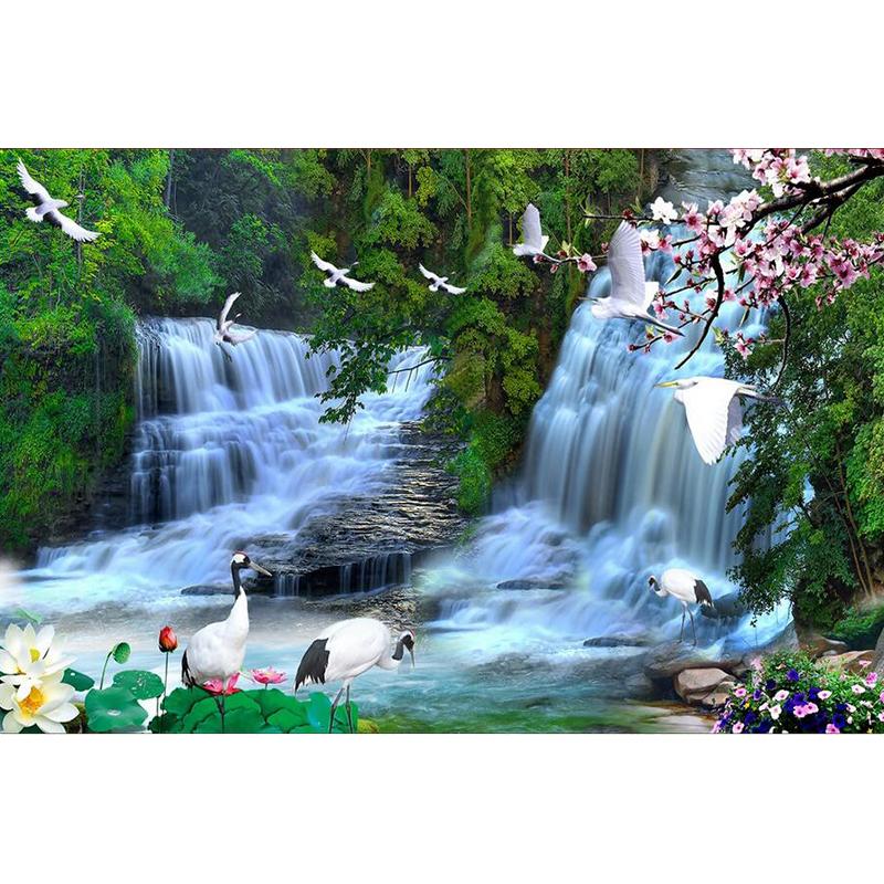 Waterfall 3D tapeta Nástěnná malba Jeřáb Peach Tree Krásná 3D Nástěnná malba Obývací pokoj Ložnice Dětský pokoj Domácí dekorace Tapeta