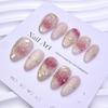 New Blazing Cat Eye Pink Gradient Bow Almond Nails - Pure Handmade, Short & Wearable