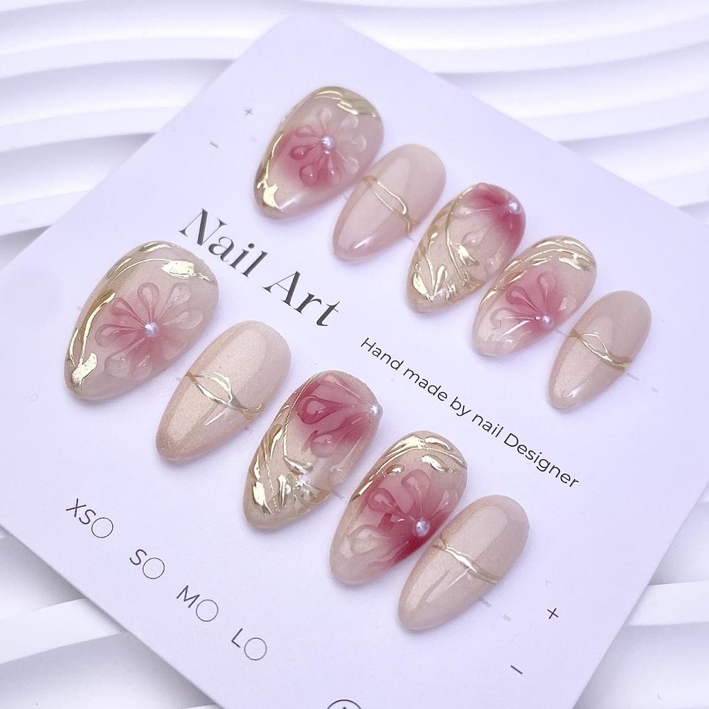 New Blazing Cat Eye Pink Gradient Bow Almond Nails - Pure Handmade, Short & Wearable
