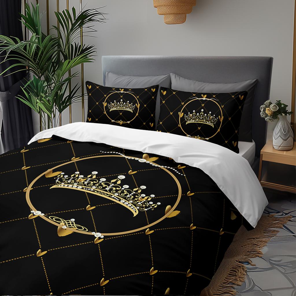 3pcs Luxury Golden Crown Heart Bedding Duvet Cover Set Queen Princess Bedding Quilt Set Elegant Black Golden Themed Bed
