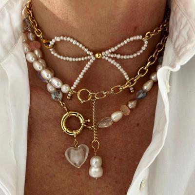 Glazed Love Bow Handmade Beaded Collarbone Chain Stainless Steel Color Retention