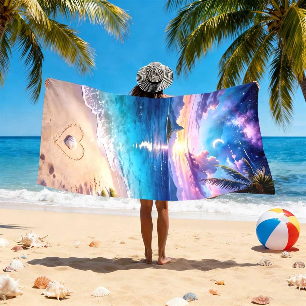 Romantic Beach Heart Microfiber Beach Towel 2D Flat Printed Waterproof Sandproof Travel Bath Towel For Seaside Holiday