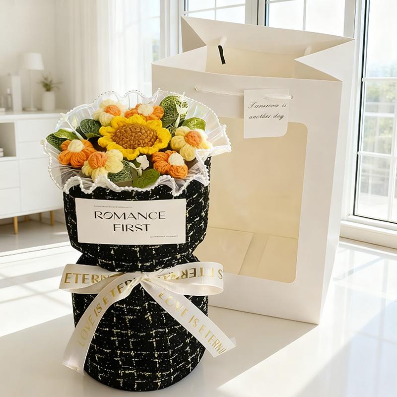Sunflower Yarn Valentine's Day Soap Flower Bouquet - Graduation & Teacher's Day Gift, French Style Handheld Bouquet