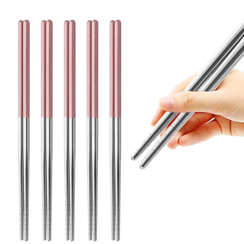 5Pairs Metal Stick Chopsticks Stainless Steel White Gold Non-slip Sushi Korean Japanese Chopstick Reusable Kitchen Tableware