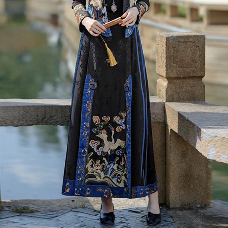

Ethnic Style A-Line Skirt: Tencel Satin, Elastic Waist, Embroidered Design One Size