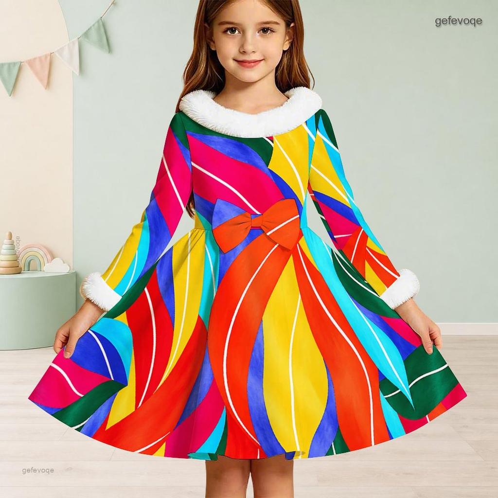Girls High Neck Long Sleeve Blue White Printed A Line Flared Dress With Fur Trim And Bow