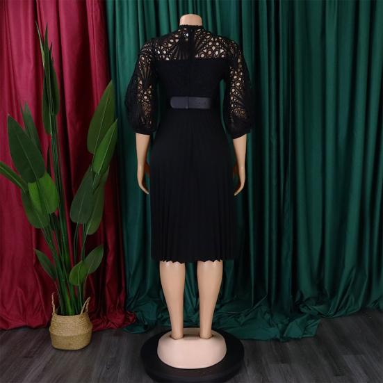 Women's 45720 Sleeve Lace Crochet Midi Dress Hollow Out Eyelet Pleated Swing Dress Fall Casual