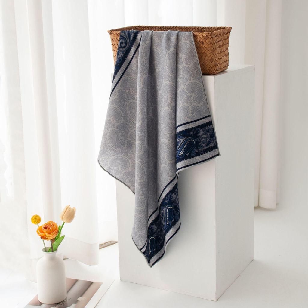 High-End Chinese Blue Silk & Wool Scarf with Celadon Print - Hand-Rolled, Square Neck Tie & Shawl