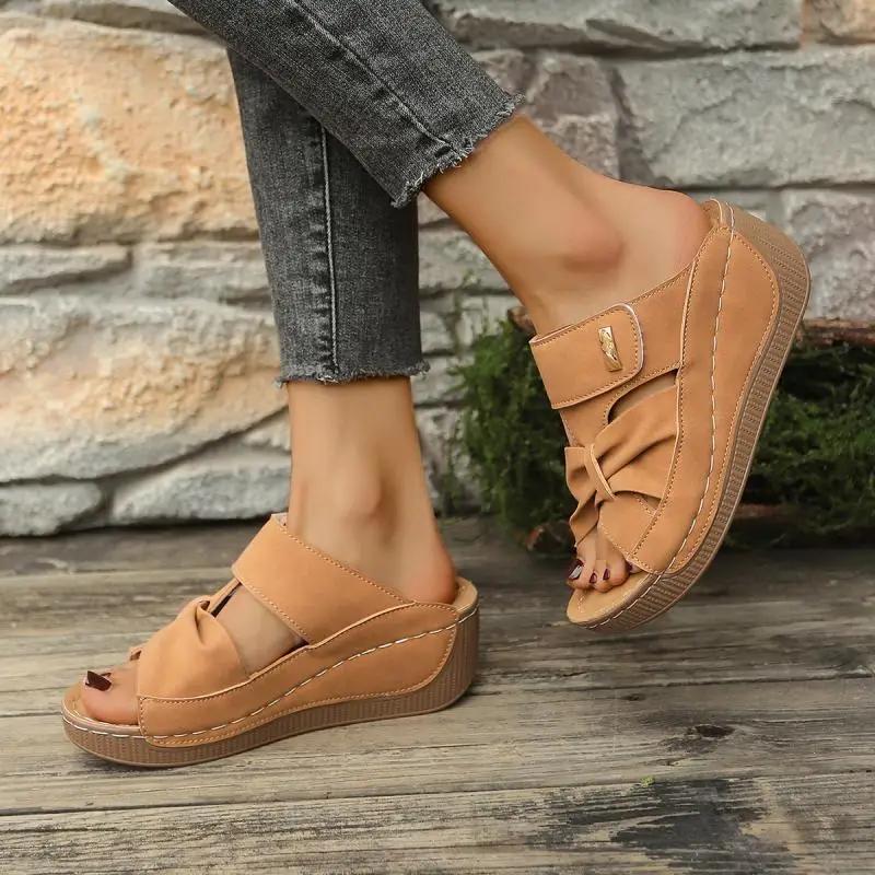 Fashion Vintage Soft Sole Platform Wedge Heels Slippers Women 2025 Summer Hollowed Out Bowknot Slides Bohemia Non Slip Beach Sandals