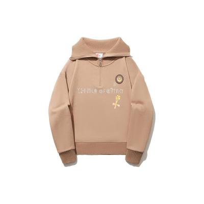 Li Ning Pattern Printed Polo Neck Loose Pullover Sweatshirt Women Sweatshirt Chocolate-Brown AWDT698-4