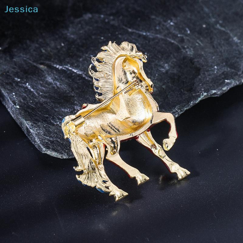 Enamel Red Horse Figurine Brooch - Rhinestone Decorated Animal Brooch Pins Year Of The Horse Party Jewelry Gift