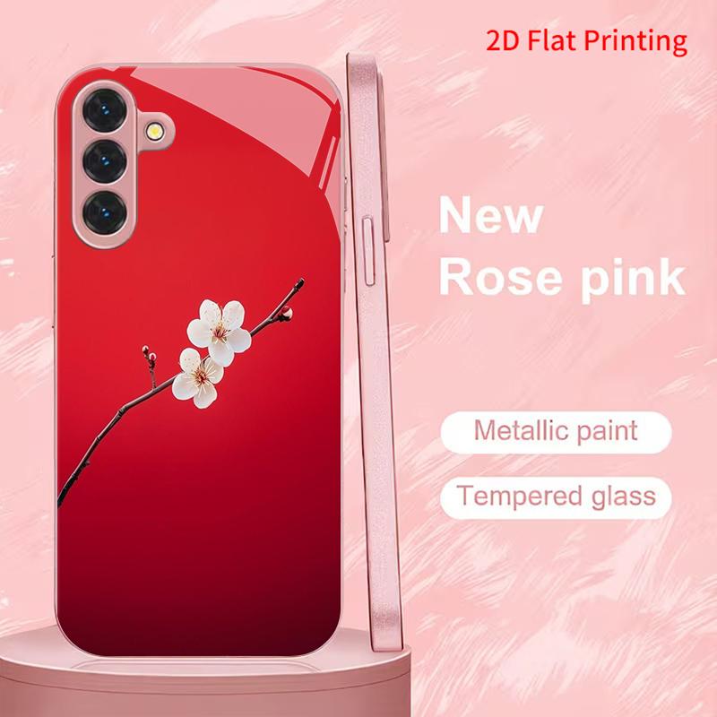 2DFlat Samsung electroplated tempered glass phone case,White Flower on Red Background Phone CaseSuitable for Galaxy S26 S23 S24FE S25ULTRA S22 S21