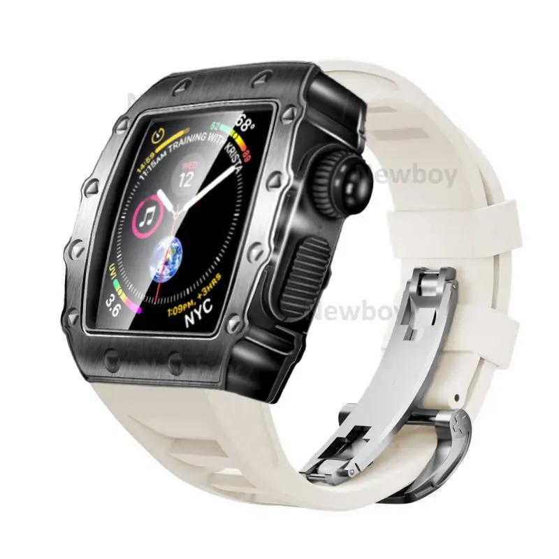 Men Case Strap for Apple Watch Series 8 7 41mm 45mm Rubber Sport Band for iWatch 6 5 4 SE 40 44mm Luxury Metal Modification Kit