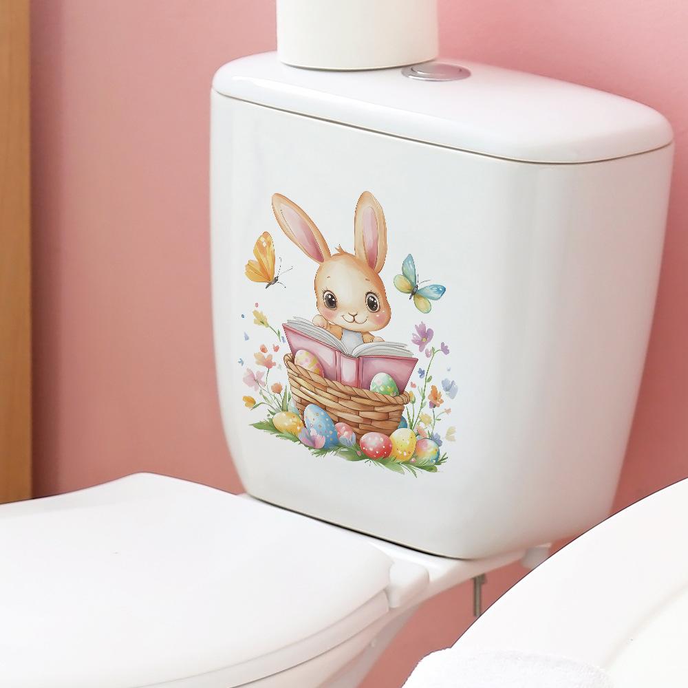 Easter Bunny, Butterflies and Colorful Eggs Toilet Seat Sticker Bathroom Decor Removable Waterproof Decal
