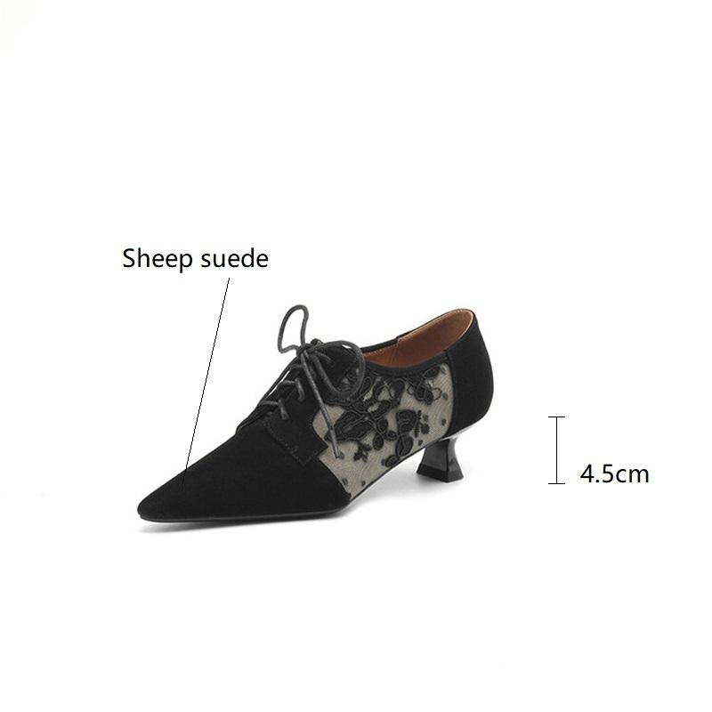Fashion New Spring Sheep Suede Women Shoes French Retro Pointed Toe Women Pumps Embroidered Mesh Loafers Shoes for Women Ladies Shoes