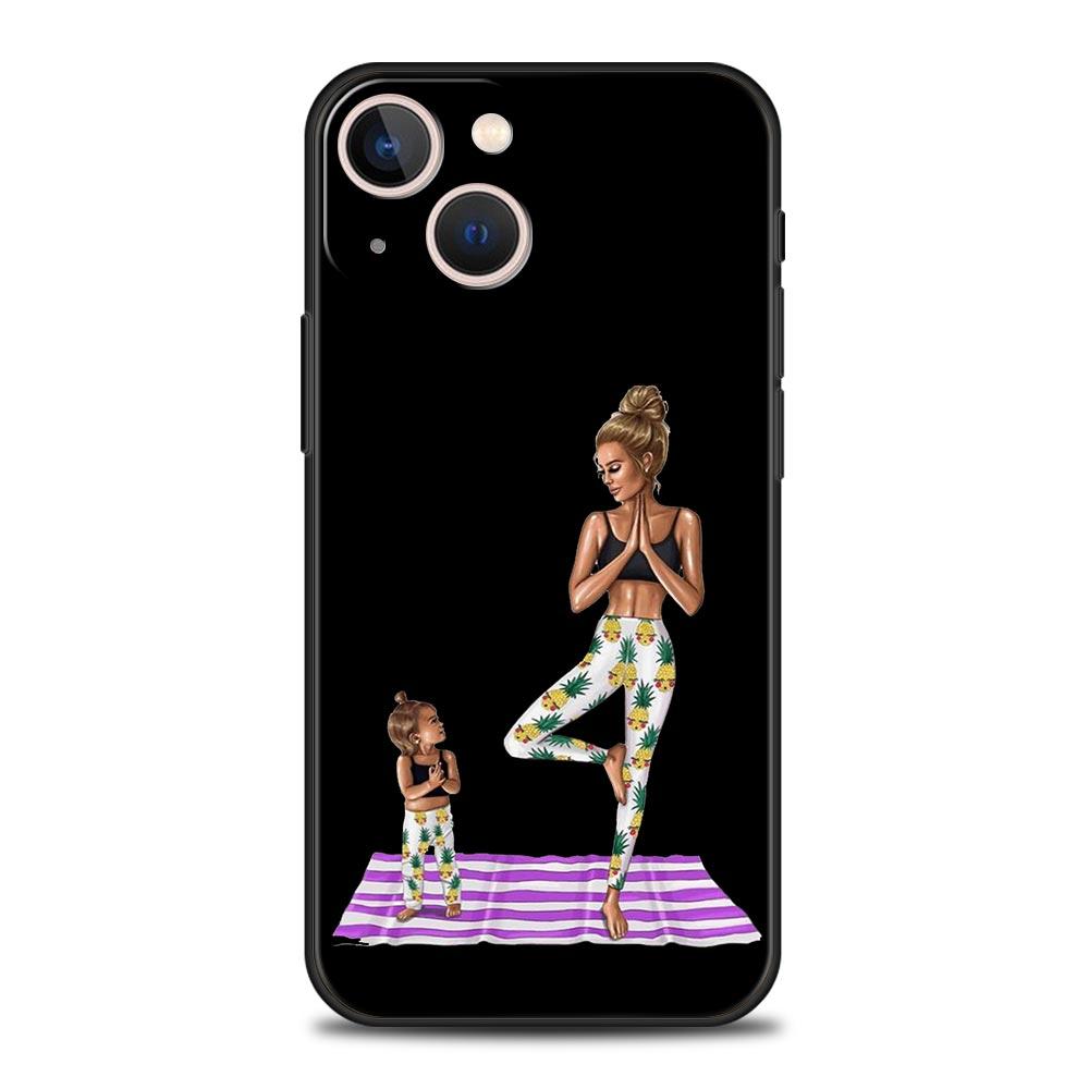 Schwarz Braun Haar Baby Mama Mädchen Sohn Telefon Fall Für iPhone 13 15 14 12 Mini 11 Pro MAX XR X SE XS 7 8 Plus Silikon Schwarz Abdeckung