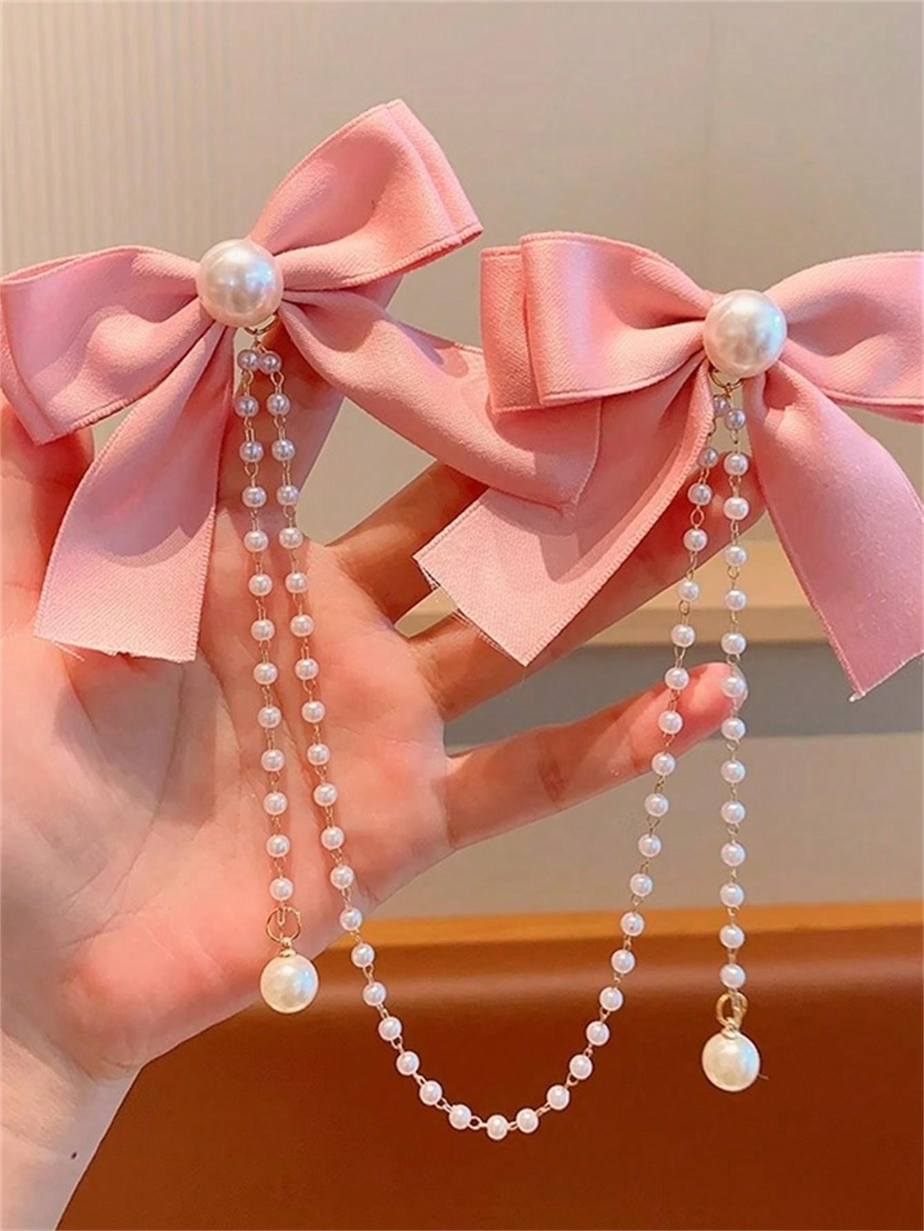 

2 hairpins Ladies Pearl Chain Pink double edged hairpin with bow fringe Size fits all