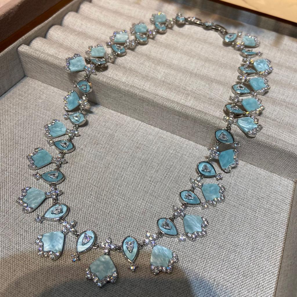 Shell Blue High-End Jewelry Set, Copper Inlaid Zircon Exquisite High-End Fashion Earrings Necklace Women