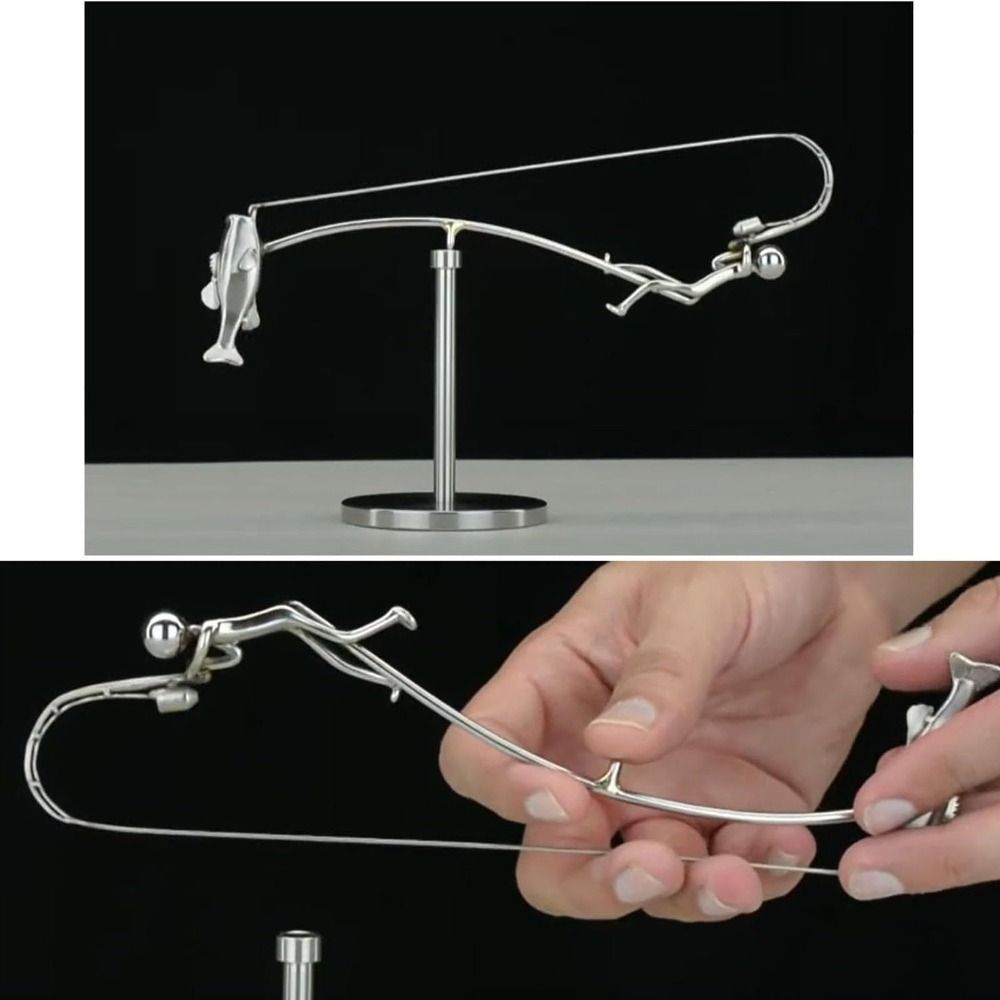 Handmade Kinetic Fishing Sculpture Desk Ornament Gift Kinetic Balance Art Statue Metal The Fisherman Balancing Sculpture