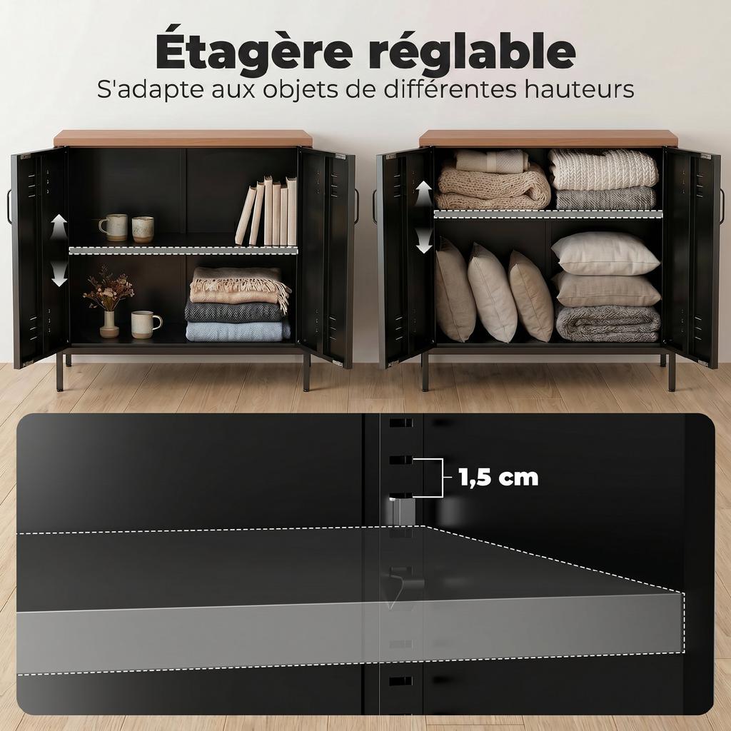 Metal Sideboard for Living Room, Industrial, 2 Doors, Adjustable Shelf, 80 x 40 x 80 cm, Black