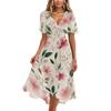 Women's Casual V Neck Short Sleeve Floral Print Dress Midi Length Wrap Style Summer Dress with Adjustable Waist Tie