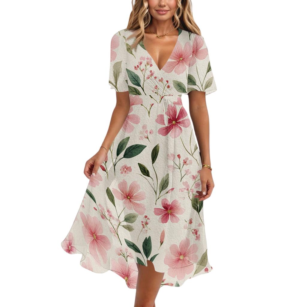 Women's Casual V Neck Short Sleeve Floral Print Dress Midi Length Wrap Style Summer Dress with Adjustable Waist Tie