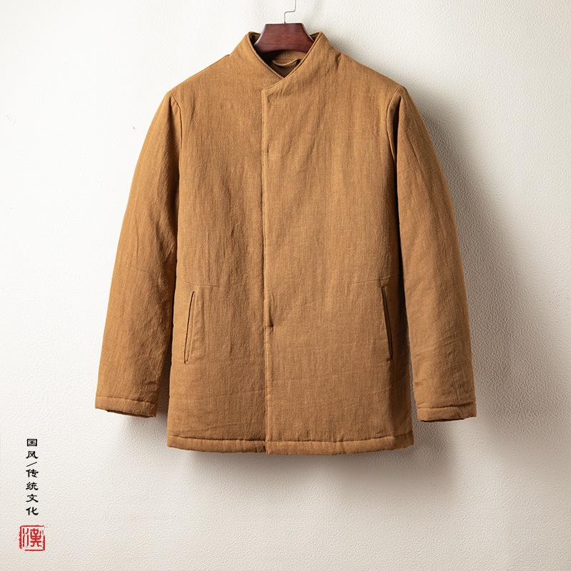 Męska zimowa retro chińska kurtka bawełniana: Pogrubiony Hanfu w stylu Zen do ceremonii herbaty.