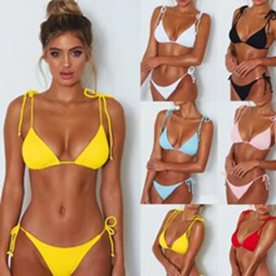 2024 European & American Solid Color Strappy Bikini Set for Women